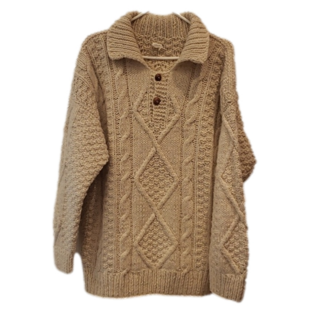 Unbranded Sweater Chunky Knit Heavy Collared Neutral Off White 100% Wool W